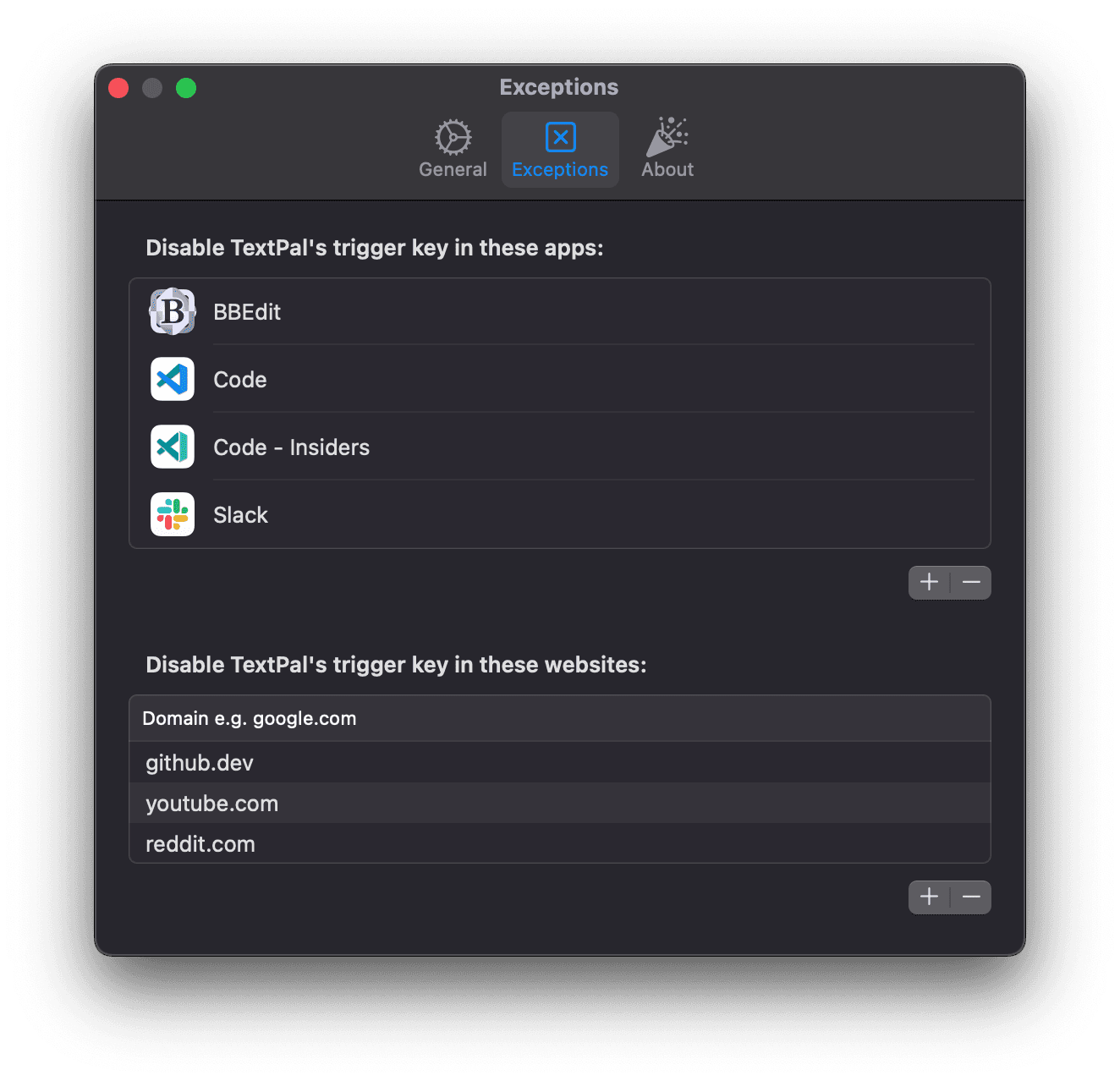 Exceptions tab in TextPal's Settings